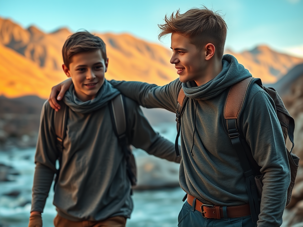 Two boys hiking together by a river, wearing casual outdoor clothing and smiling at each other.