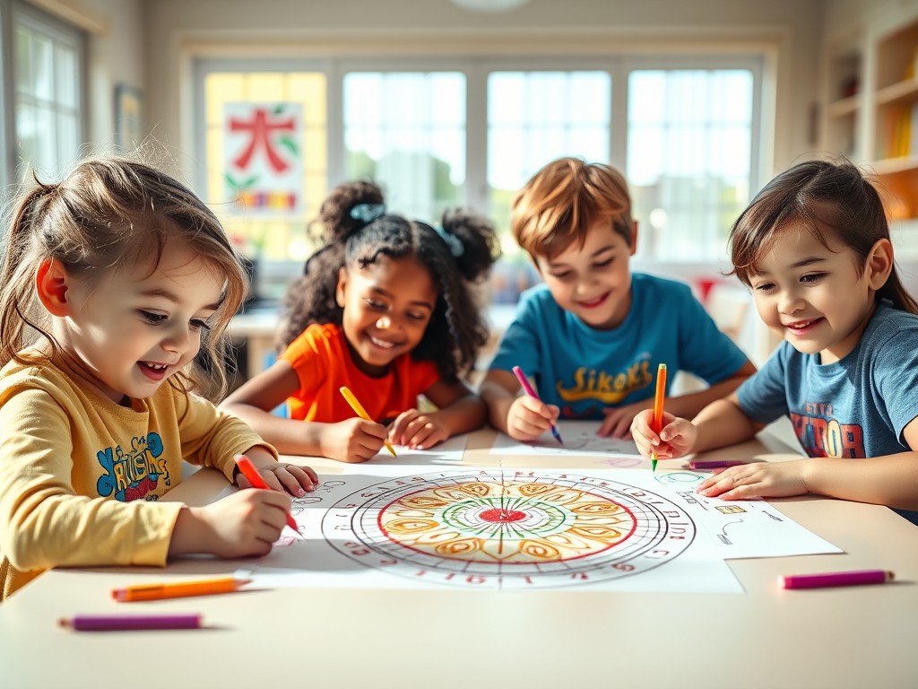 Four children gathered around a table, smiling and drawing colorful patterns on a large sheet of paper using various markers.