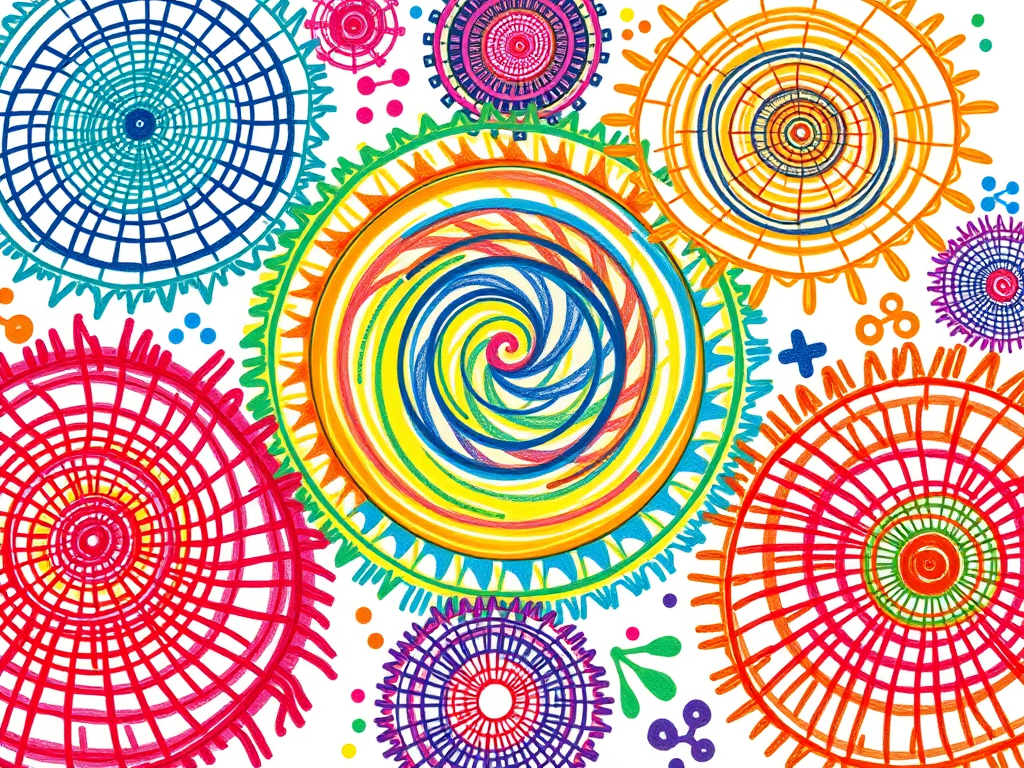 A colorful doodle featuring spiraling circles and geometric shapes, reminiscent of designs created with a Spirograph toy.