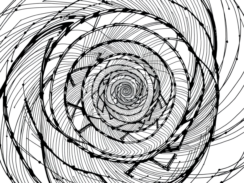 Black and white abstract spiral pattern created with lines and arrows, resembling a geometric design.