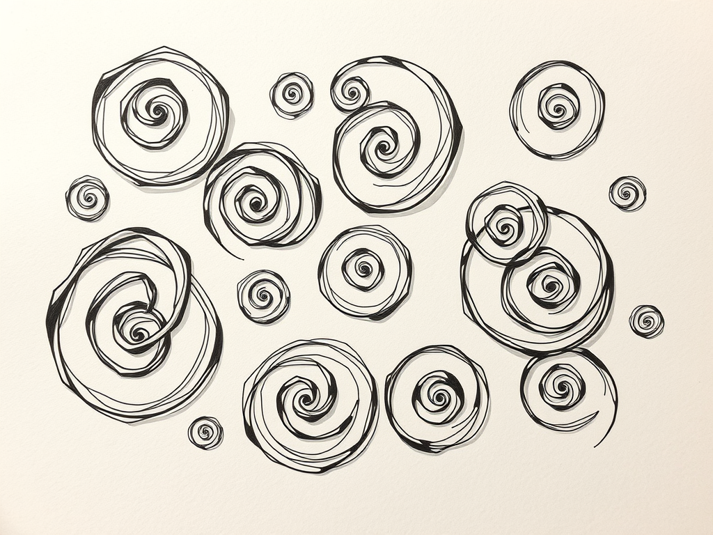 A collection of hand-drawn spirals in varying sizes, arranged artistically on a blank background.