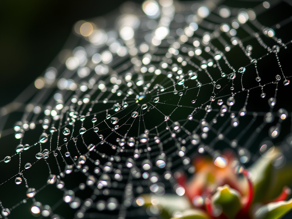 A close-up view of a spider web adorned with numerous droplets of dew, reflecting light and creating a sparkling effect against a dark background.