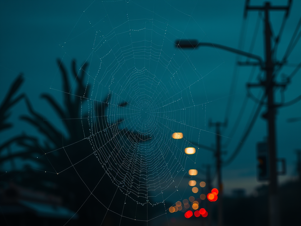 A close-up of a dewy spider web illuminated by streetlights in a quiet early morning setting, with blurred traffic lights in the background.