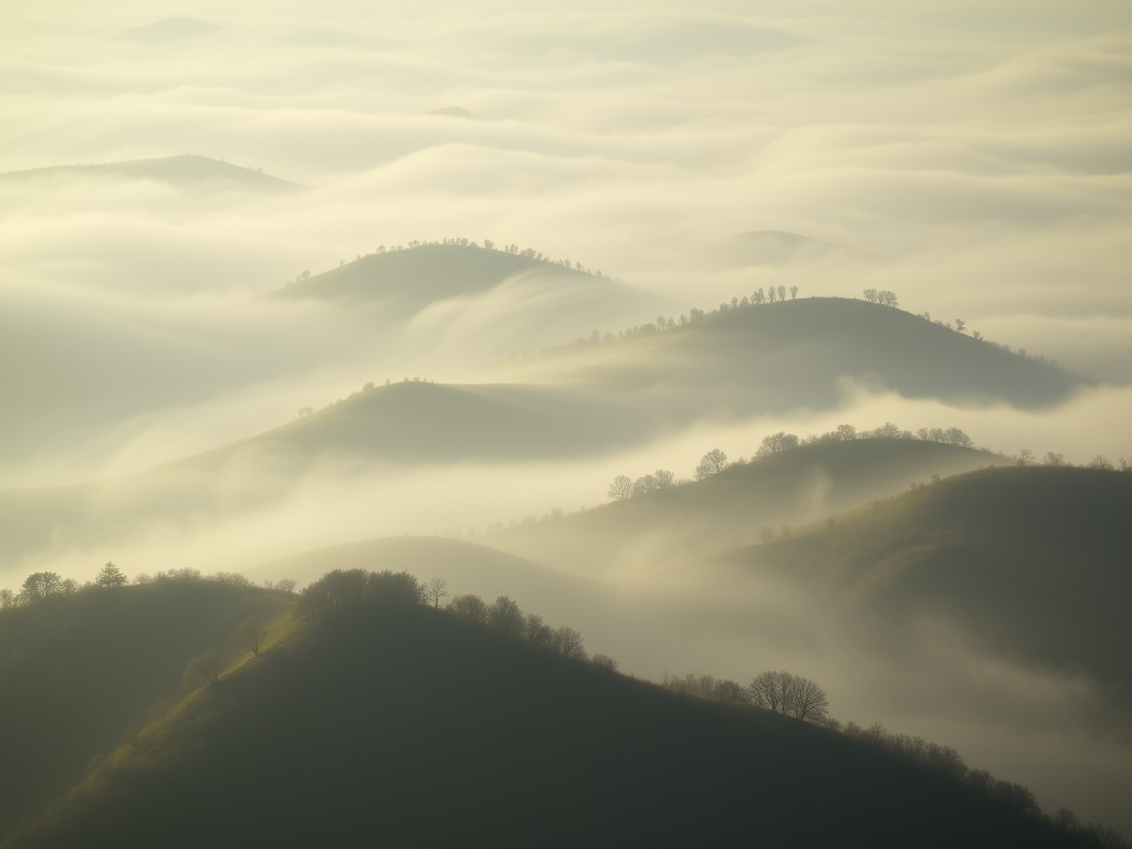 A serene landscape featuring rolling hills partially obscured by a thick layer of fog, bathed in soft, diffused light, creating an ethereal atmosphere.