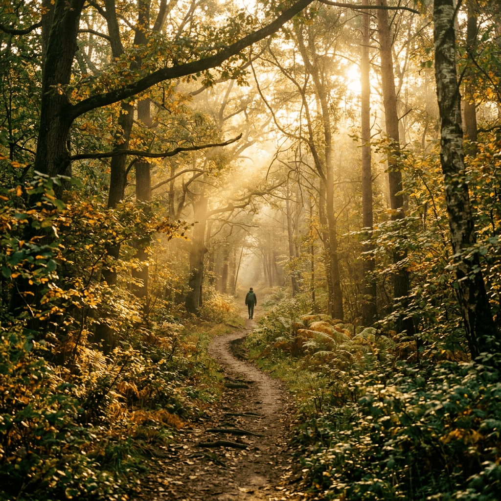 A person walking alone on a winding forest path with autumn leaves and sunlight filtering through the trees