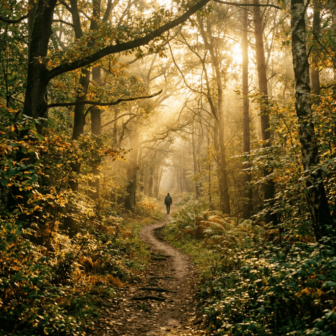A person walking alone on a winding forest path with autumn leaves and sunlight filtering through the trees