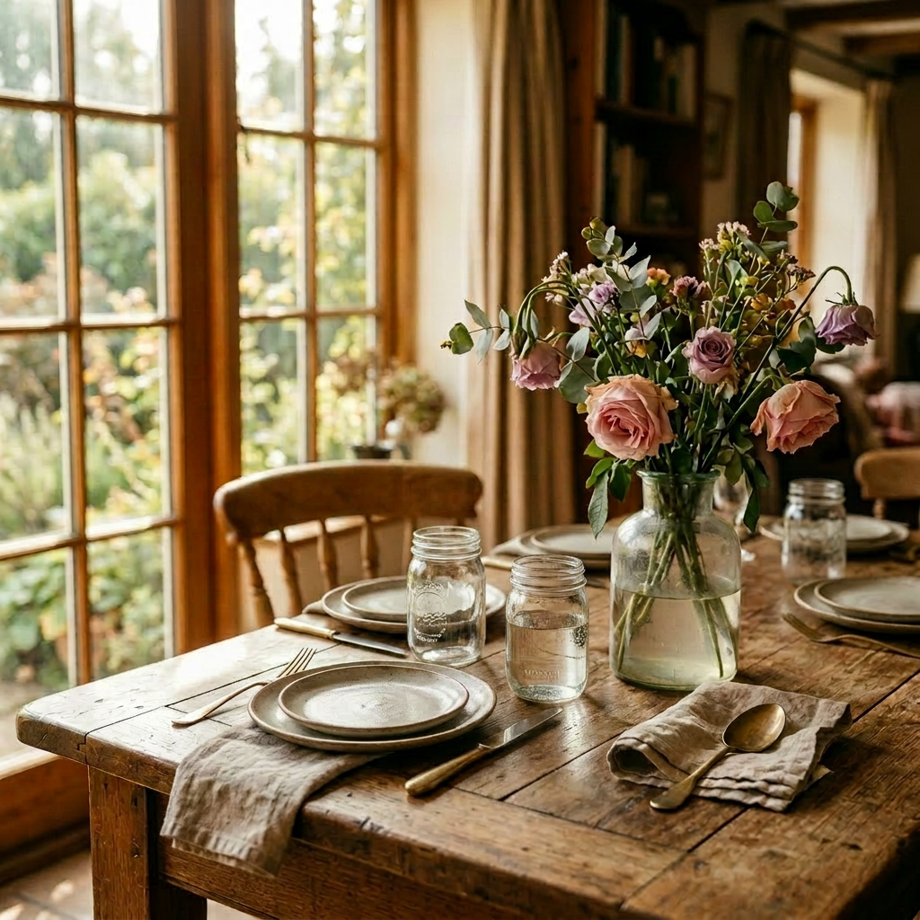 Rustic wooden table with bowl of fruit and vase of pink and purple roses
